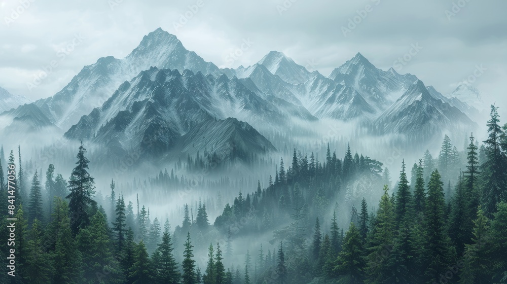 The mountain landscape is covered with fog. AI generate illustration