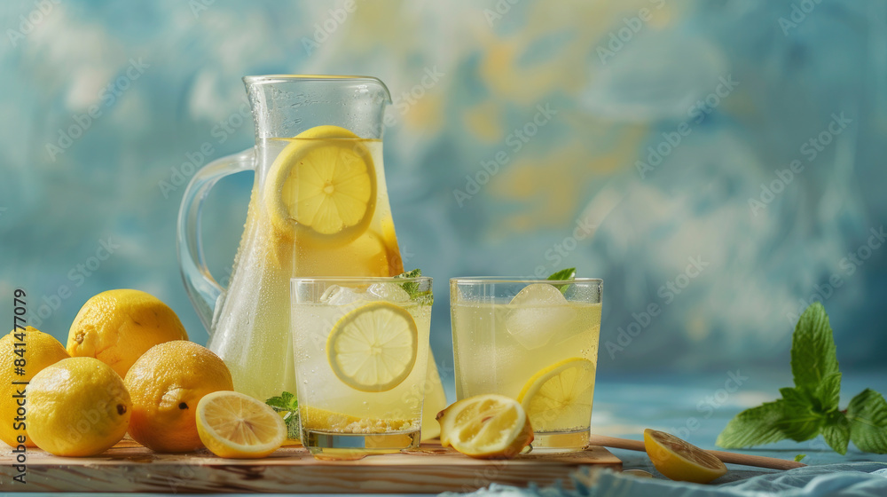 Fototapeta premium Refreshing homemade lemonade with honey in a glass carafe and glasses