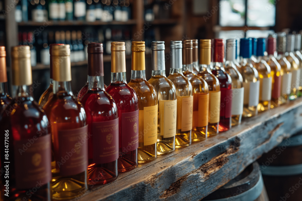 Variety of wine bottles displayed on a rustic wooden shelf Variety of wine bottles displayed on a rustic wooden shelf