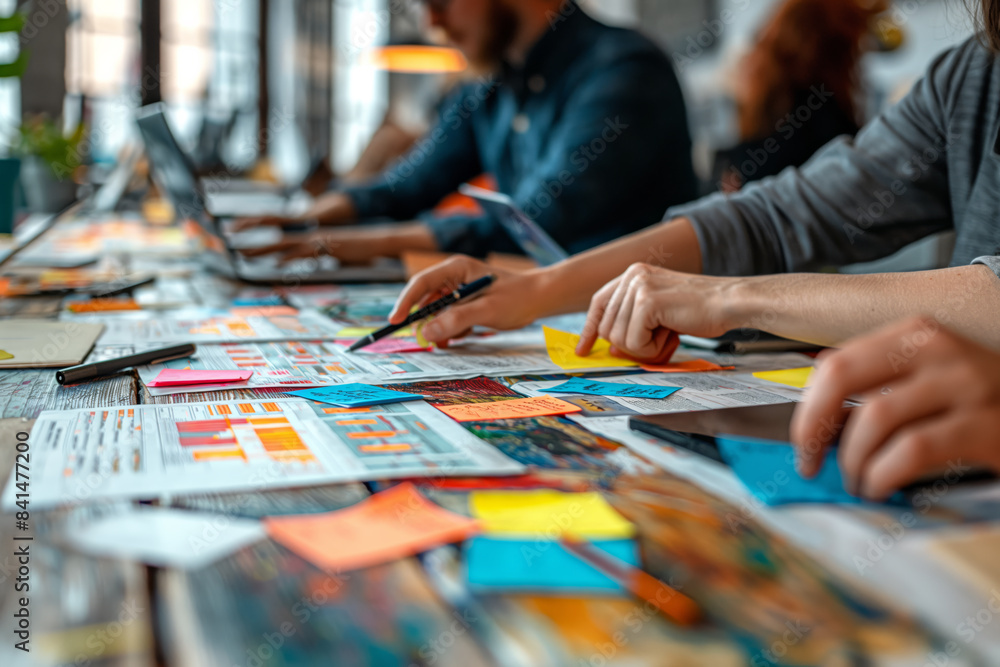 Fototapeta premium Business team collaborating on project with colorful sticky notes at modern office