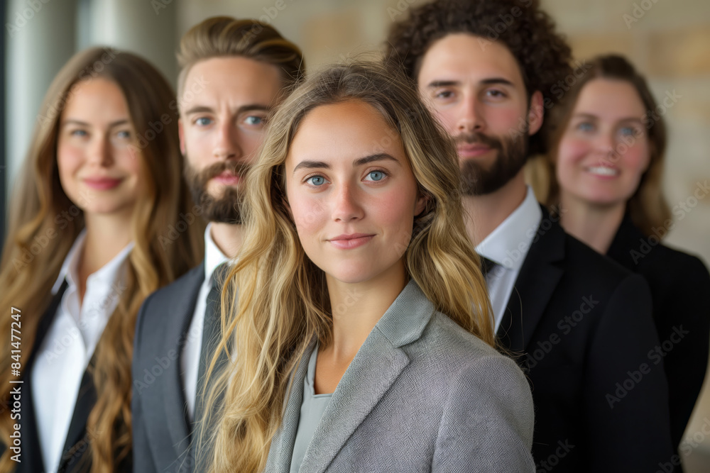 Confident business team standing together in an office environment Confident business team standing together in an office environment