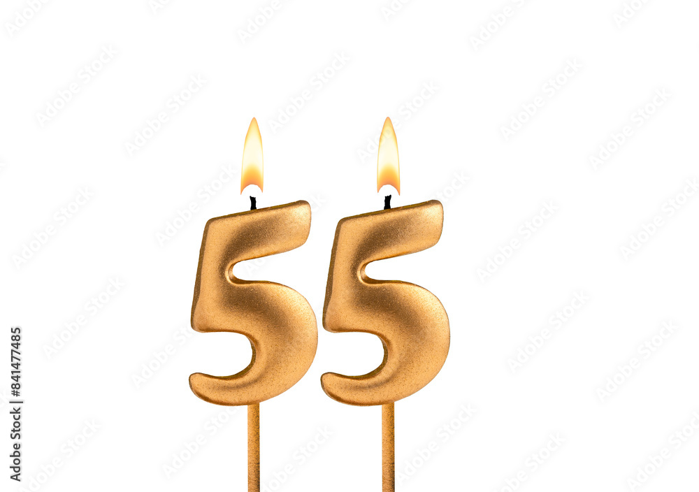 Birthday number 55 - Golden candle on white background Birthday number 55 - Golden candle on white background
