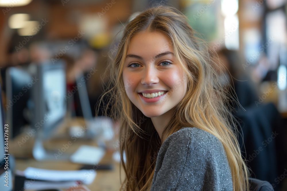 Smiling young woman working in a modern office setting Smiling young woman working in a modern office setting