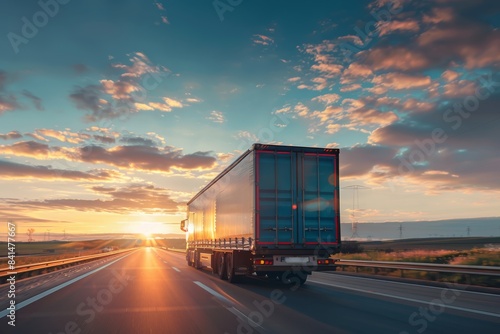 Cargo Lorry Speeding Down the Highway at Sunset With Vibrant Skies