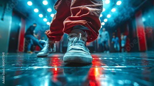 Breakdancing Action: Male Dancer in Neon Light, Showcasing the Cool Style and Movement of Hip Hop