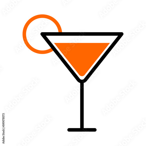 Illustration depicting a black and orange martini cocktail icon on a white background