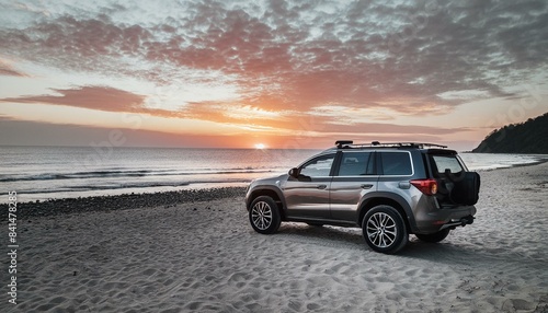 Sunset Bliss: Luxury SUV Parked on the Beach for the Ultimate Summer Vacation