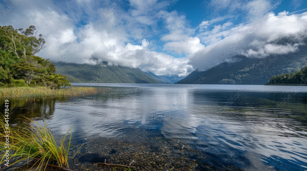 Scenic view of a tranquil lake and mountains in New Zealand Scenic view of a tranquil lake and mountains in New Zealand