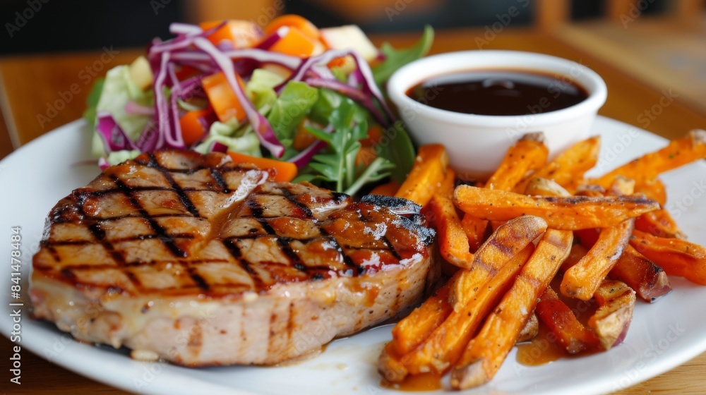 A grilled pork steak served with a tangy pineapple barbecue sauce, accompanied by sweet potato fries and a fresh garden salad A grilled pork steak served with a tangy pineapple barbecue sauce, accompanied by sweet potato fries and a fresh garden salad