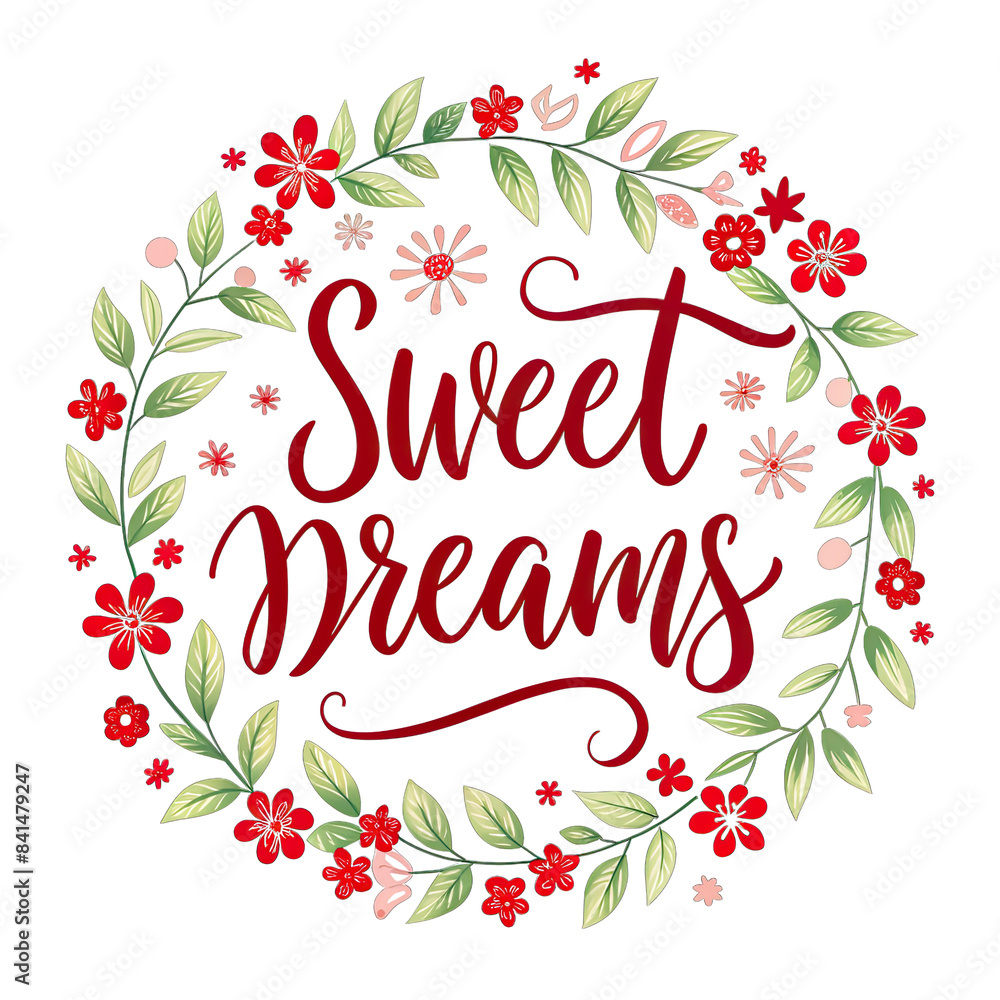 Obraz premium A red and green floral wreath with delicate pink flowers surrounds the words Sweet Dreams written in bold red calligraphy. Generative AI