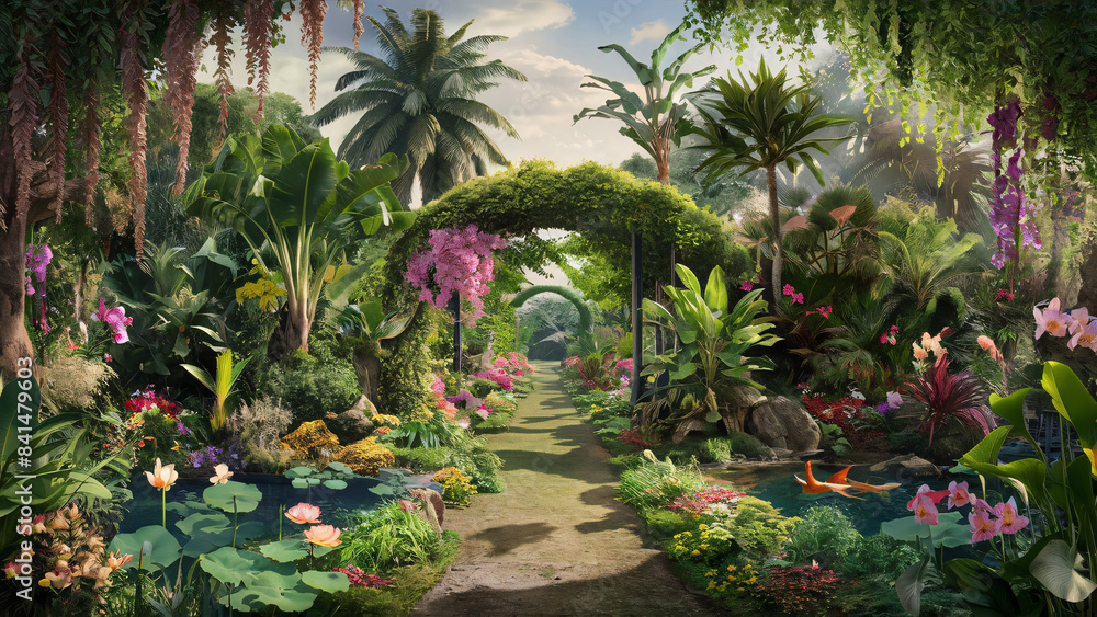  A summer landscape with colorful flowers blooming in a park and garden