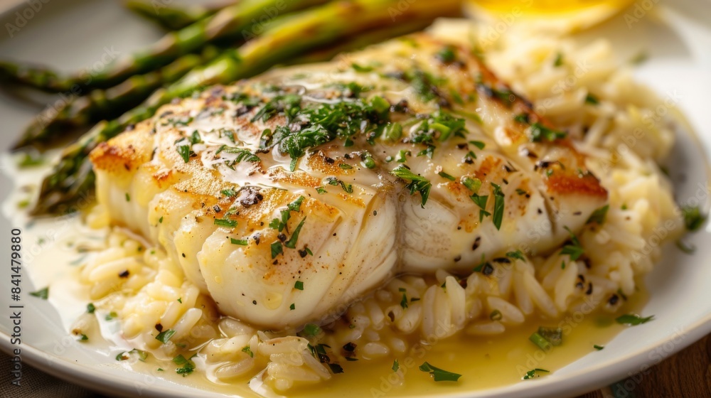 A hearty fish steak topped with a flavorful garlic butter sauce and fresh parsley, served with a side of rice pilaf and grilled asparagus spears A hearty fish steak topped with a flavorful garlic butter sauce and fresh parsley, served with a side of rice pilaf and grilled asparagus spears