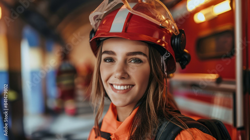 Portrait of a happy female firefighter in uniform and helmet