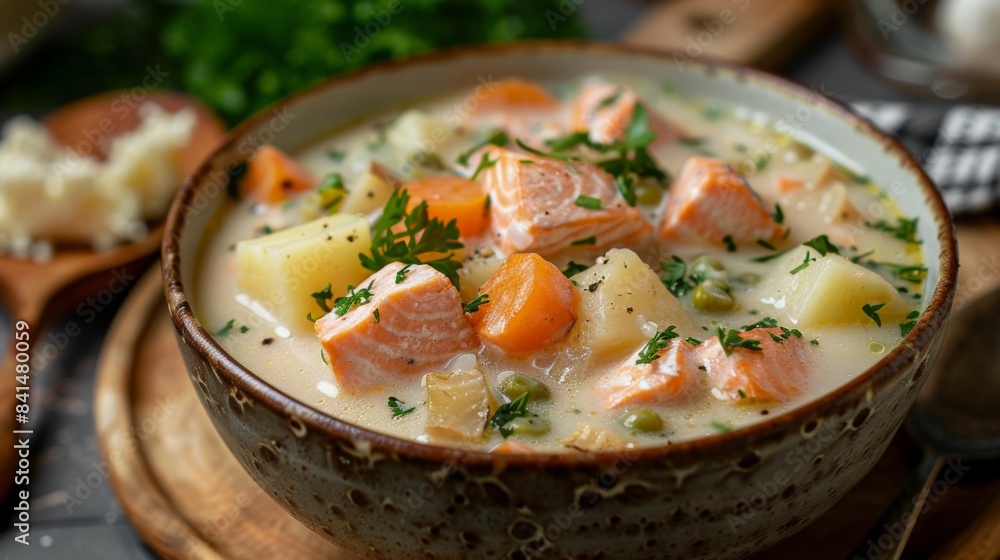 A homemade bowl of creamy salmon chowder, filled with chunks of tender fish, potatoes, and vegetables, perfect for a comforting meal on a chilly day A homemade bowl of creamy salmon chowder, filled with chunks of tender fish, potatoes, and vegetables, perfect for a comforting meal on a chilly day