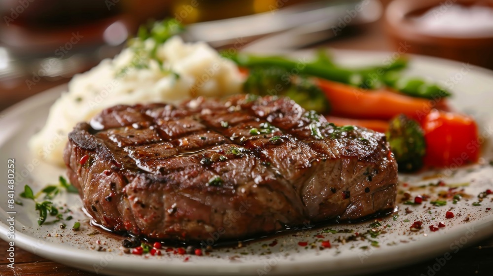 A juicy and tender steak cooked to perfection, served with a side of garlic mashed potatoes vegetables, representing the epitome of American steakhouse dining A juicy and tender steak cooked to perfection, served with a side of garlic mashed potatoes vegetables, representing the epitome of American steakhouse dining