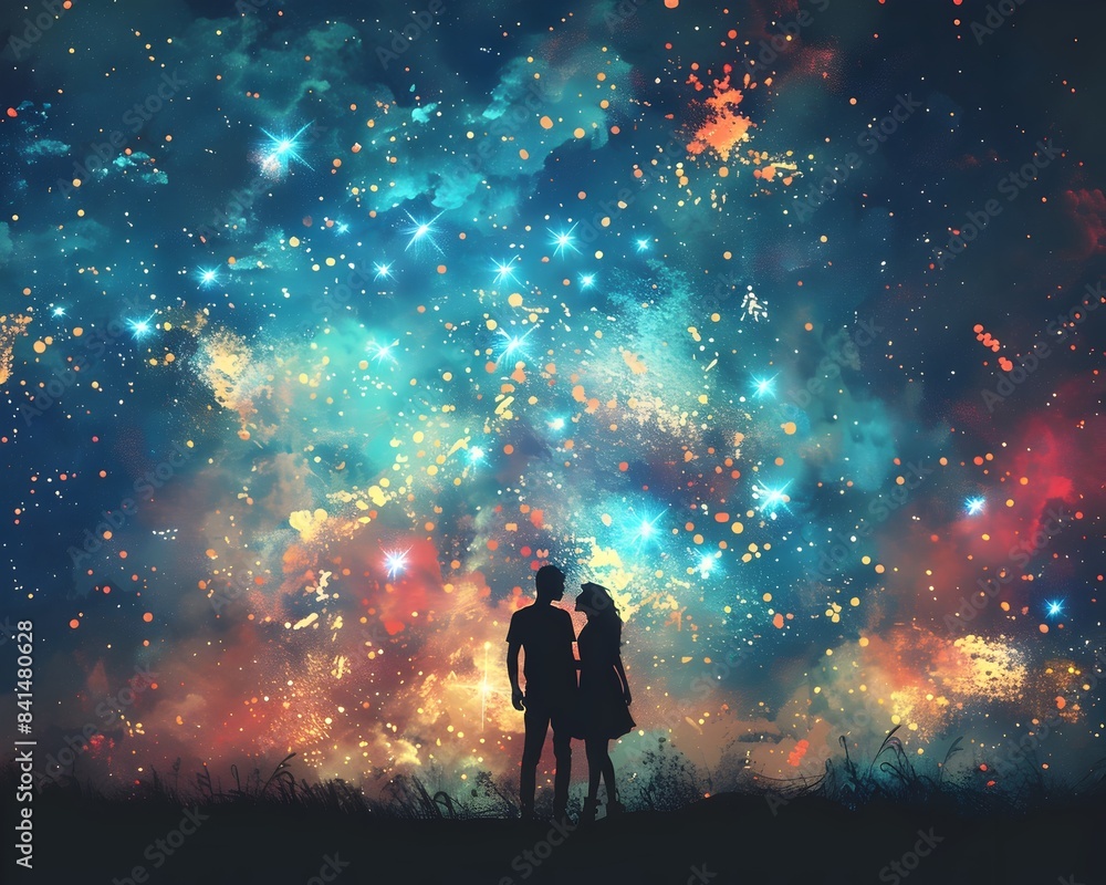 Fototapeta premium A Couple Celebrates a Special Occasion with a Breathtaking Fireworks Display in the Background
