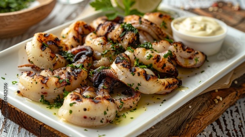 A mouthwatering plate of grilled calamari served with a side of creamy garlic aioli, perfect for dipping and savoring every bite