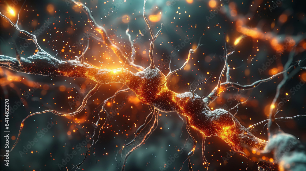 Microscopic view of a neuron cell with glowing synapses. Generative AI. Microscopic view of a neuron cell with glowing synapses. Generative AI.