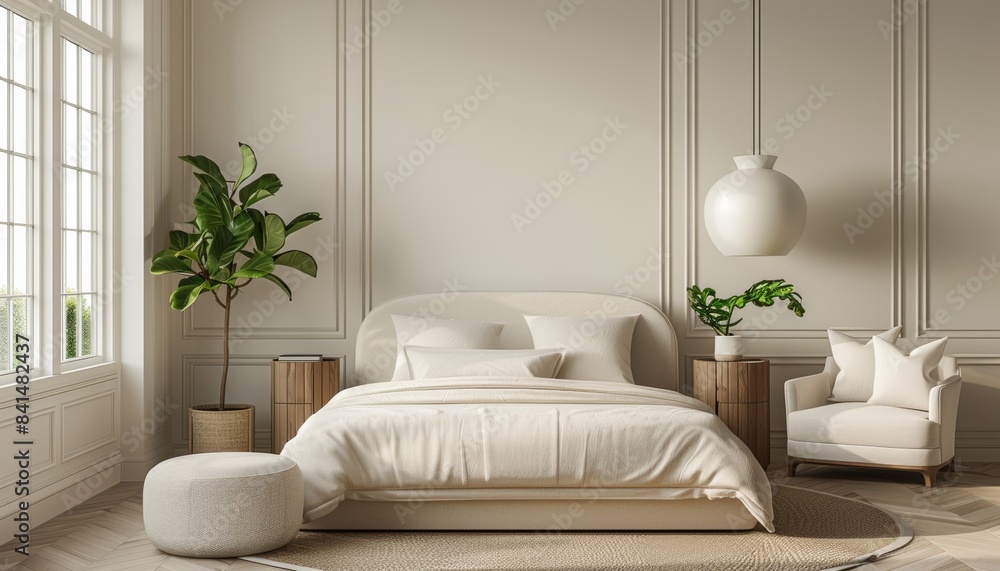 Fototapeta premium modern bedroom with white paneled walls, a modern lamp above the bed, a round wooden night stand on each side, a green plant in a beige pot next to the wall, modern cozy white armchair, interior