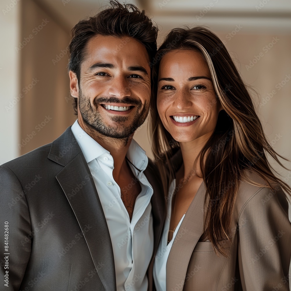 Fototapeta premium a happy couple in business outfits smiling in the camera , taken professional business photos