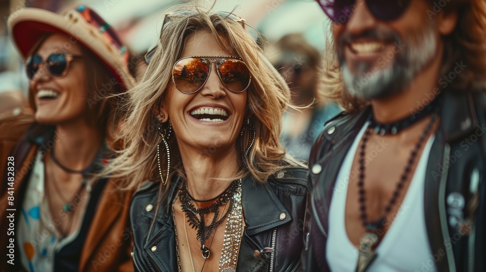 a small group of beautiful middle-aged rock music fans, wearing expensive leather and vintage concert t-shirts a small group of beautiful middle-aged rock music fans, wearing expensive leather and vintage concert t-shirts