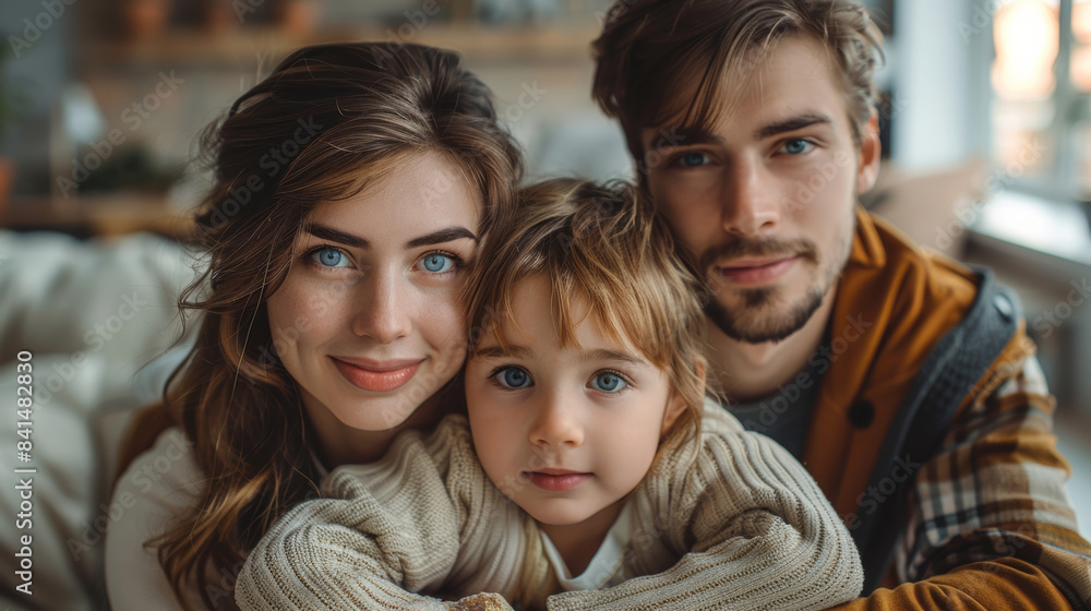 a young family in a modern appartment, looking at the camera a young family in a modern appartment, looking at the camera