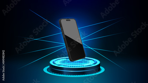 Futuristic 3D Neon Light Podium Mockup for Smartphone Display. Laser Powered Pedestal with Cyberpunk Glowing Sci-Fi Stage Background. Vector.