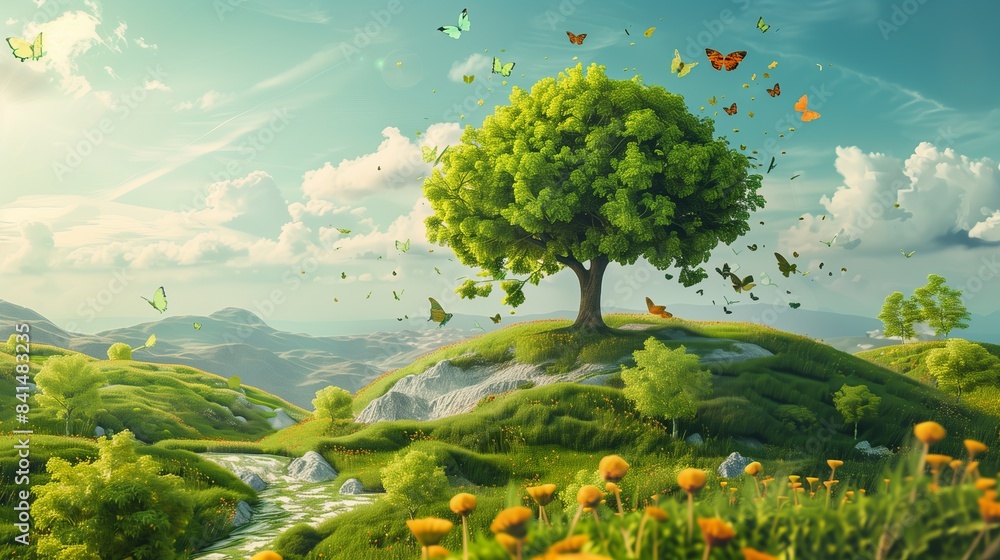Obraz premium A beautiful lush young tree growing alone on a small hill surrounded by flying butterflies and hills in the distance. Beautiful summer landscape.