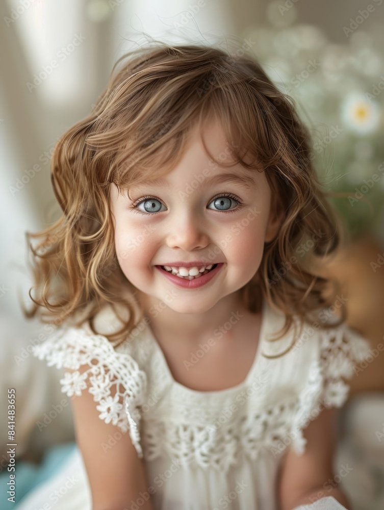 A 2 year old girl, happy and smiling, birthday portrait, white dress, close-up, light background A 2 year old girl, happy and smiling, birthday portrait, white dress, close-up, light background