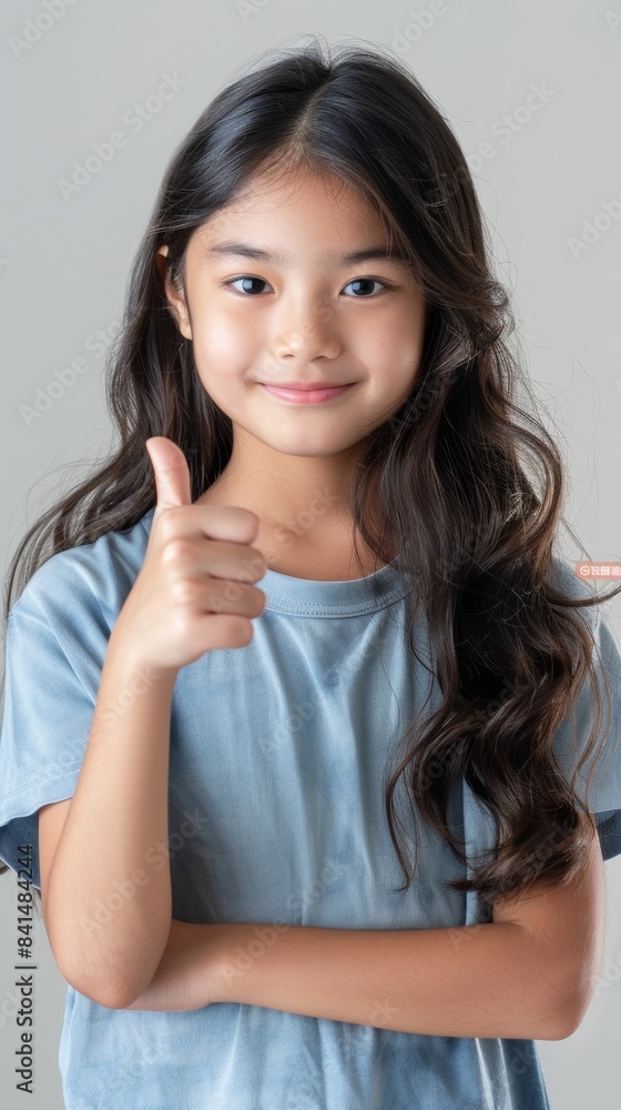 an Asian female model, 12 years old, full body, long hair, wearing a blue short-sleeved shirt, looking at the camera and smiling, giving a thumbs up with her right hand. an Asian female model, 12 years old, full body, long hair, wearing a blue short-sleeved shirt, looking at the camera and smiling, giving a thumbs up with her right hand.