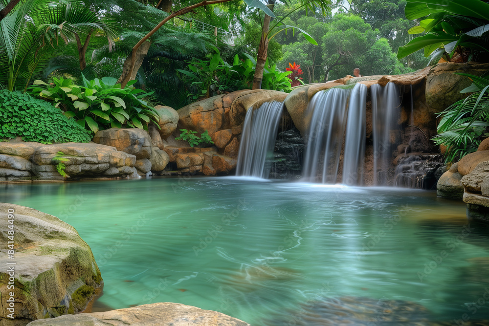 Fototapeta premium Majestic Forest Waterfall Nature's Cascade Enchanting Waterfall in a Lush Forest Tranquil Forest Scene Cascading Waterfall Waterfall Amidst Verdant Forest Beauty