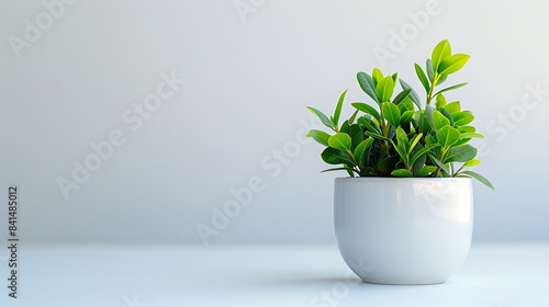 A miniature bay plant in a white ceramic pot on a white background.