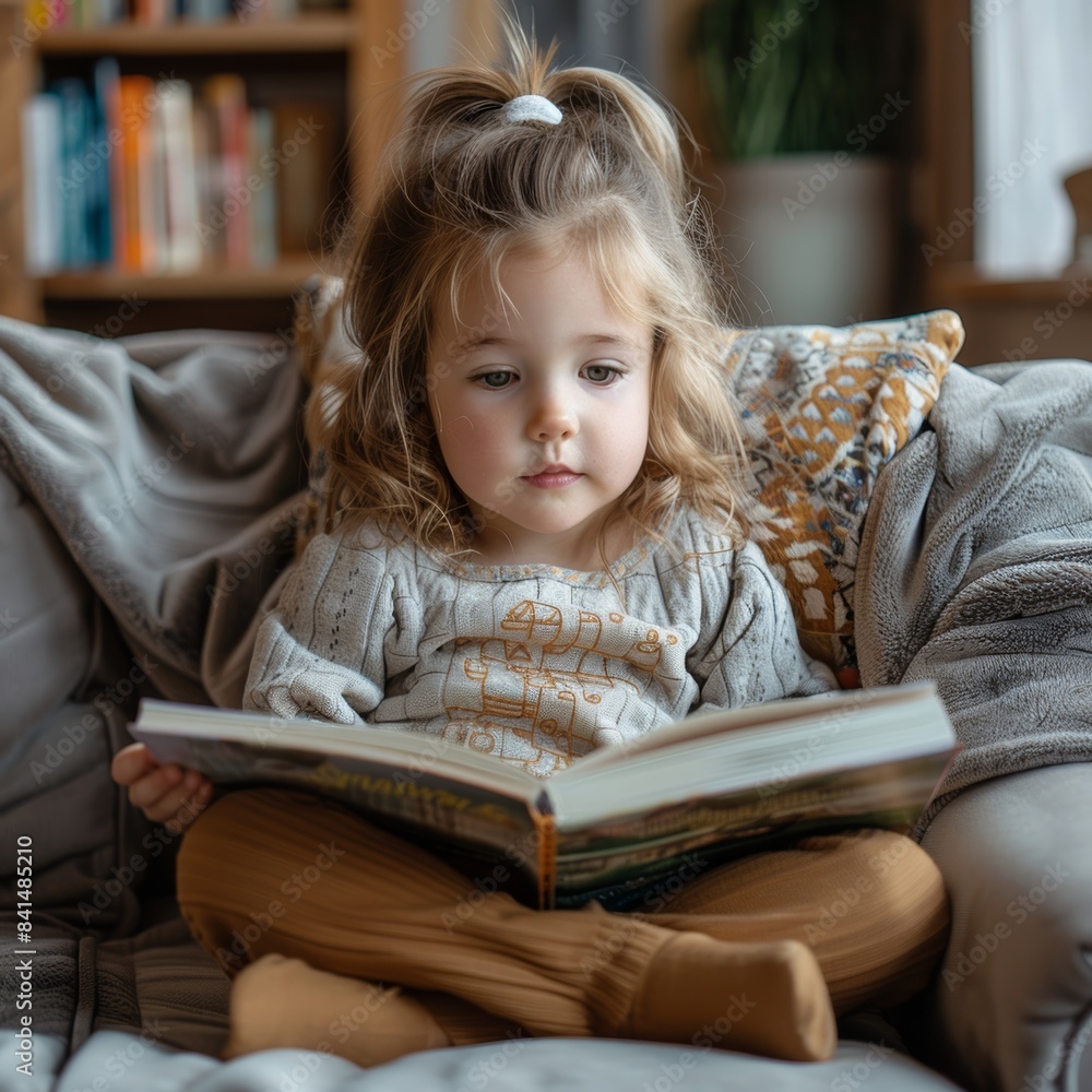 a little girl sitting on a couch reading a book, school curriculum expert a little girl sitting on a couch reading a book, school curriculum expert