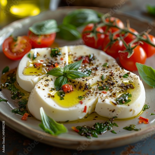 mozzarella buffala cut in the middle, in the center of a plate, with roquet, basilic, olive oil and tomatoes on the side photo