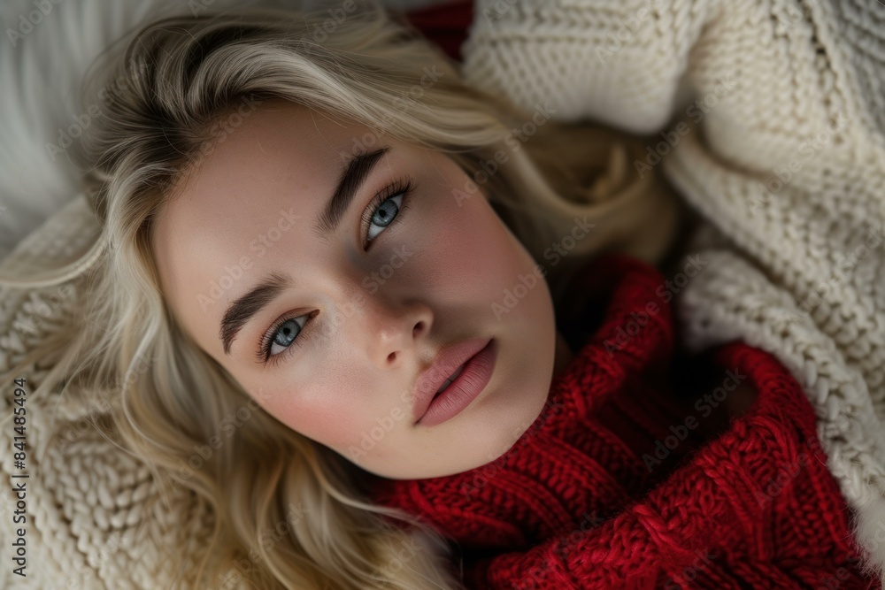 Close-up of a young woman with light hair wearing a red knit scarf Close-up of a young woman with light hair wearing a red knit scarf