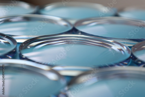 Eyeglasses lens production industry, close-up eyeglasses lenses, Glasses lenses, eyeglasses lenses, eyeglasses store business concept