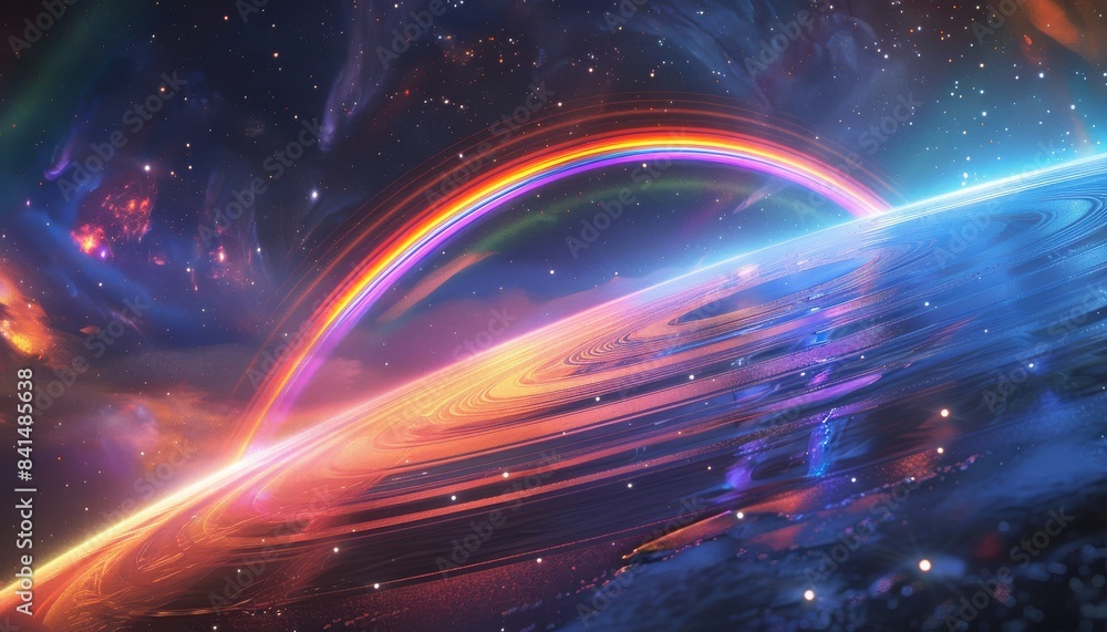Obraz premium A vibrant rainbow arcs over a celestial body in a galaxy filled with stars and nebulae.