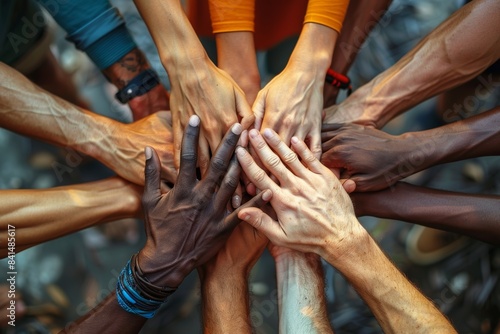 multiracial group of hands in a circle showing unity and collaboration, abrasive authenticity