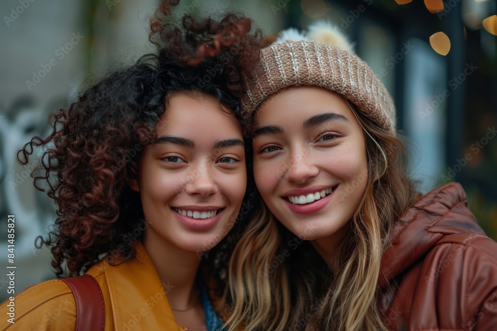 two friends taking pictures while walking two friends taking pictures while walking