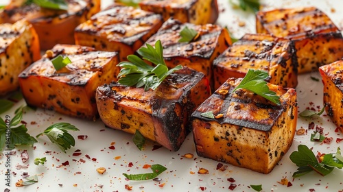 Roasted Sweet Potato with Grilled Tofu on a white background; very tasty