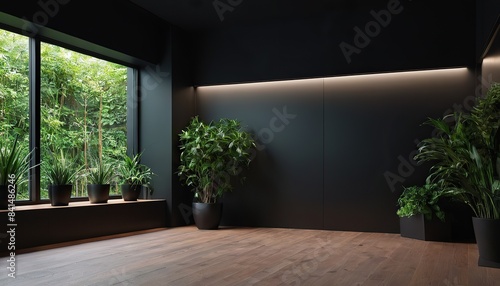 Minimalist simple Photo dark wall empty room with green plants on a floor3d rendering background photo