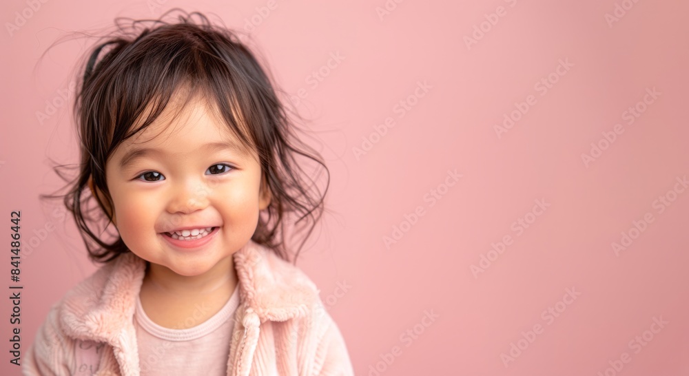 happy asian toddler girl smiling isolated on pink background. happy asian toddler girl smiling isolated on pink background.