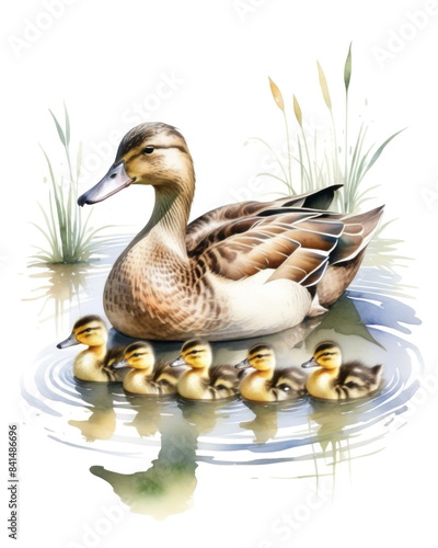 Watercolor mallard duck swimming in a pond with its ducklings
