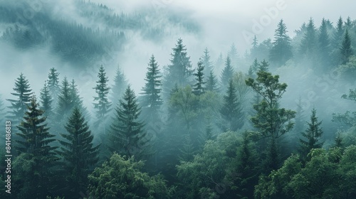 The mountain landscape is covered with fog. AI generate illustration