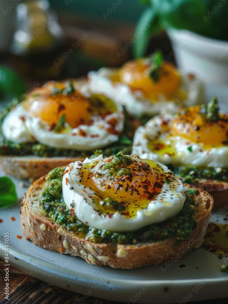 toasts with burrata, egg and pesto , breakfast toasts with burrata, egg and pesto , breakfast