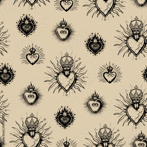 Vintage sacred hearts vector seamless pattern