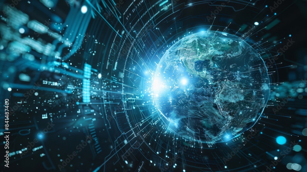 A futuristic depiction of a globe engulfed in a flurry of data representing the everevolving global communication and exchange of information. A futuristic depiction of a globe engulfed in a flurry of data representing the everevolving global communication and exchange of information.