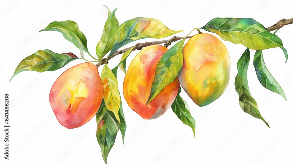Mango on branch in watercolor style on a white background 