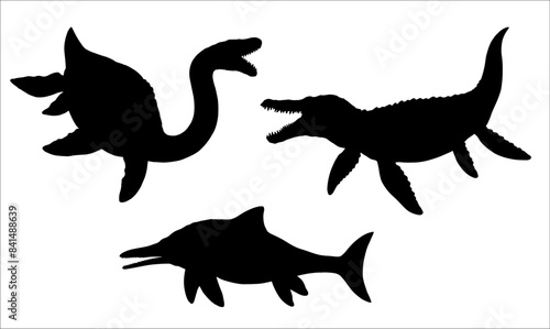 Black silhouette of predatory aquatic dinosaurs: Plesiosaur, Ichthyosaur and Kronosaurus. Extinct prehistoric reptiles from the Jurassic period. Vector drawing.
