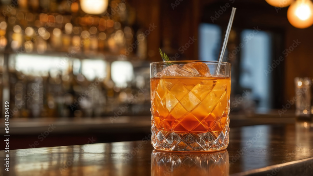 Aperol syringe summer delicious sweet cocktail glass filled amber-colored drink ice sprig rosemary blurred background bar counter. lighting warm inviting cozy atmosphere. Aperol syringe summer delicious sweet cocktail glass filled amber-colored drink ice sprig rosemary blurred background bar counter. lighting warm inviting cozy atmosphere.